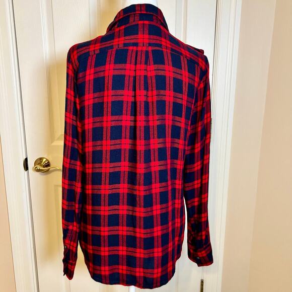 Banana Republic Red and Navy Plaid Dillon Shirt with Ruffle Size Medium - Picture 8 of 10